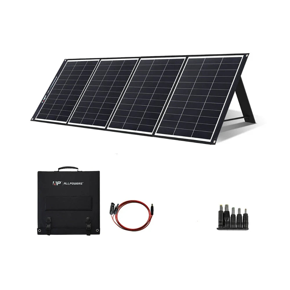The package contents for the ALLPOWERS Solar Panel 200W Foldable & Portable