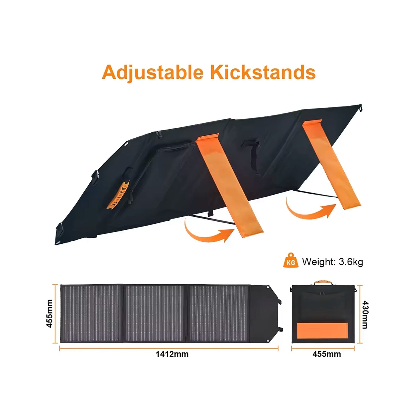 The kickstands and dimensions for the Ctolity 100W Portable Solar Panel