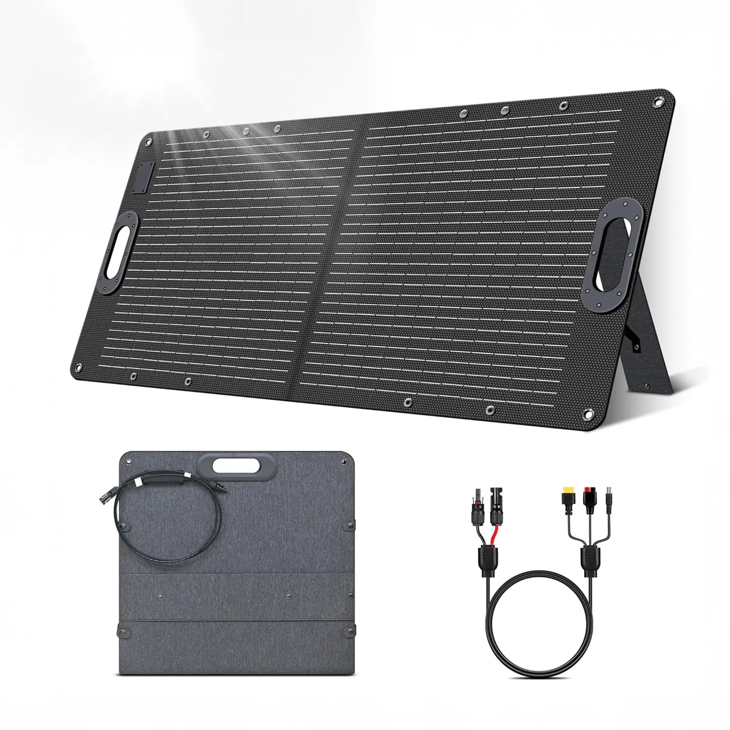 The included adapters and package contents for the Ctolity 100W Foldable Solar Panel