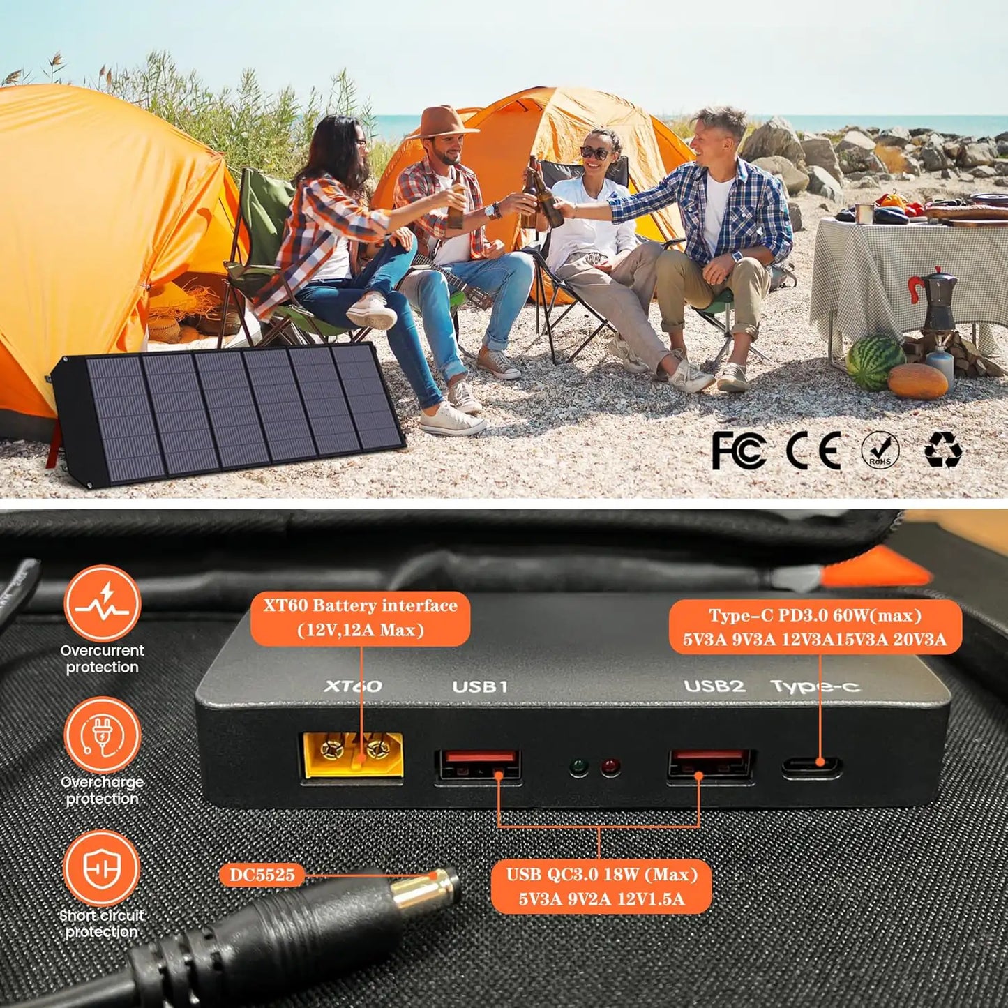 The connections and safety features of the Ctolity 200W Portable Solar Panel