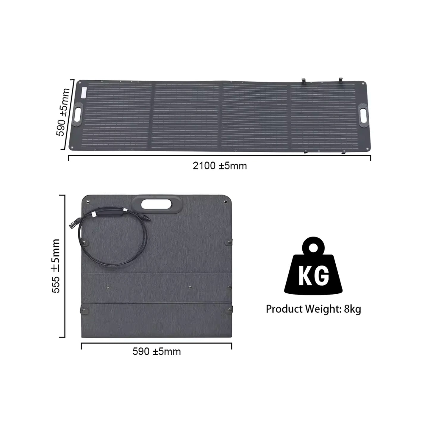 The dimensions of the Ctolity 200W Foldable Solar Panel in metric