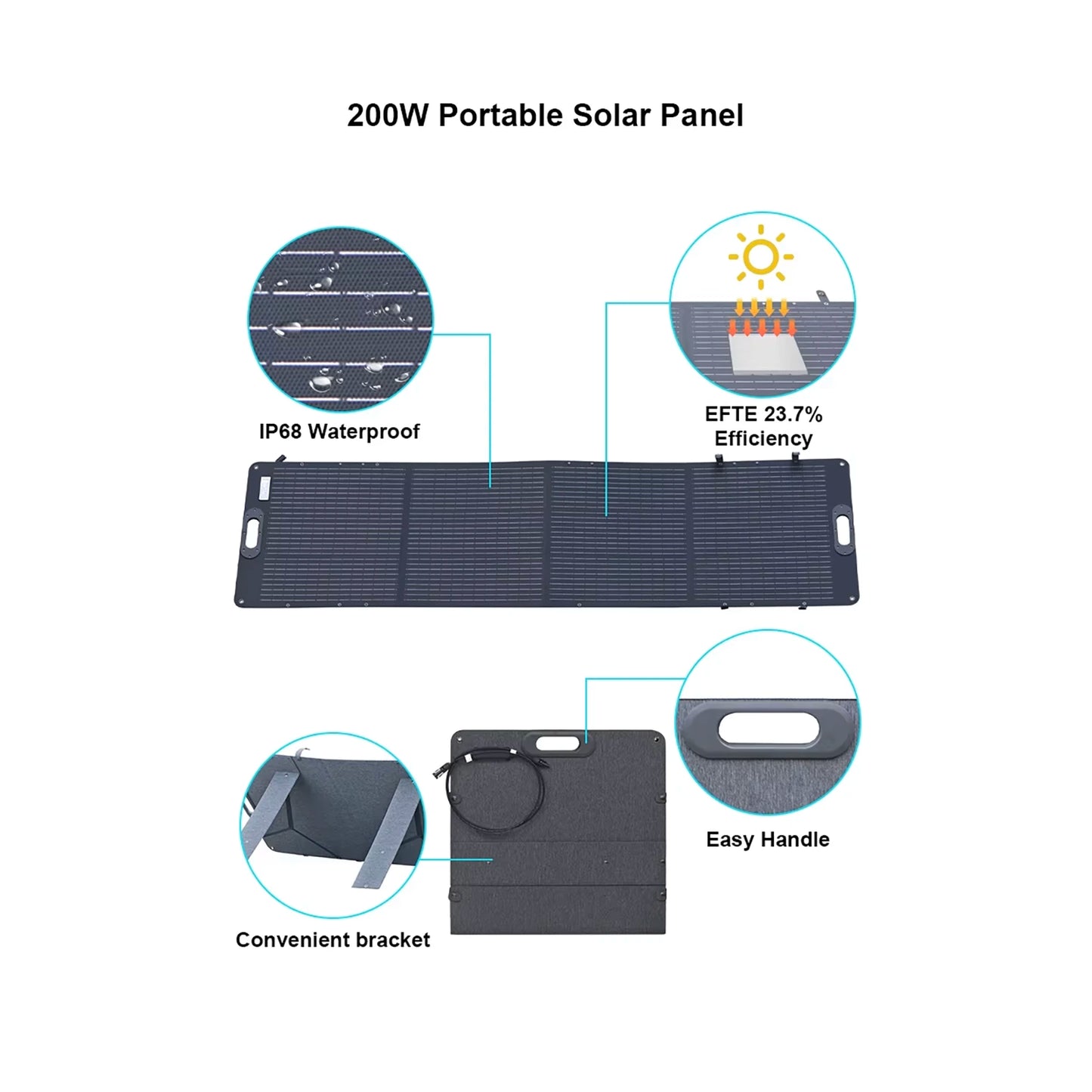 The handle, IP68 waterproof rating, and 23.7% efficiency for the Ctolity 200W Foldable Solar Panel