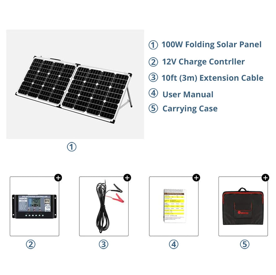 The package contents including charge controller, extension cable, and carrying case for the DOKIO 100W Foldable Solar Panel Rigid
