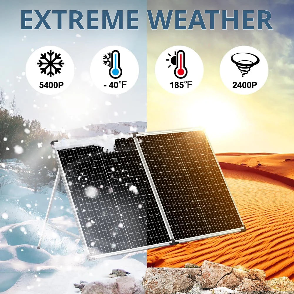 The DOKIO 100W Foldable Solar Panel Rigid can handle extreme hot and cold weather
