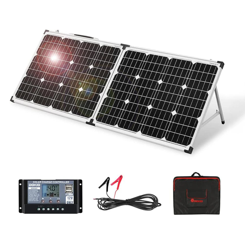 The included contents for the DOKIO 100W Foldable Solar Panel Rigid