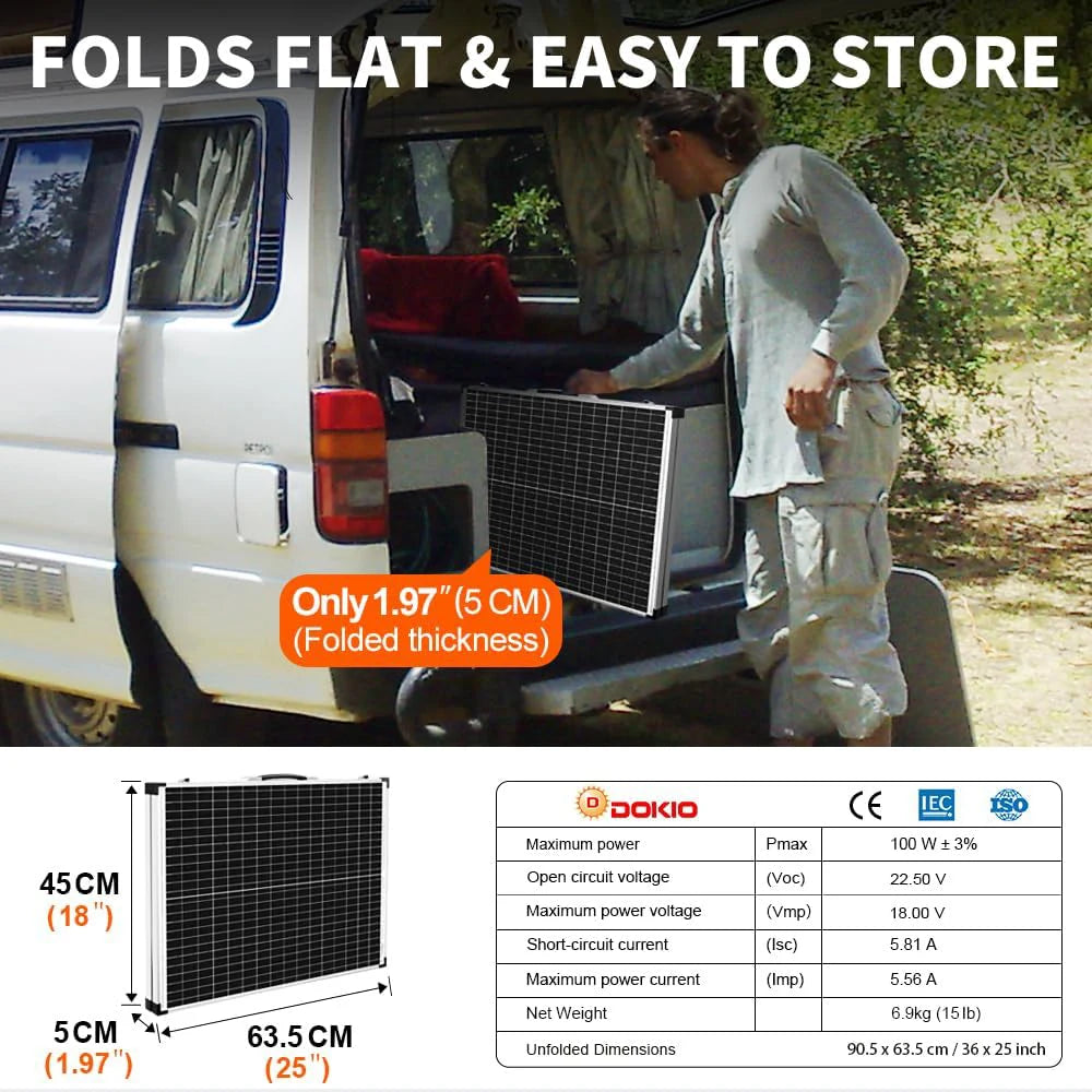 Specifications and measurements for the DOKIO 100W Foldable Solar Panel Rigid