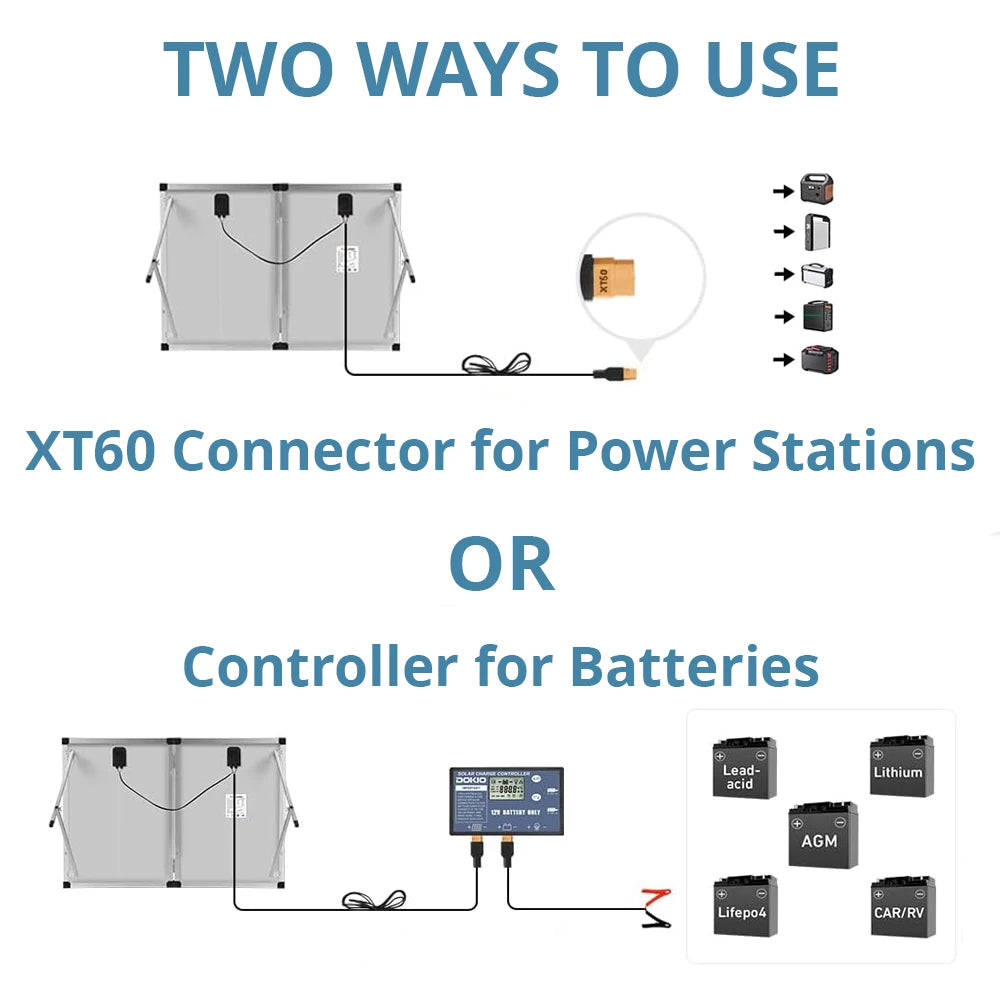 Use the DOKIO 100W Foldable Solar Panel Rigid with the XT60 connector or charge controller