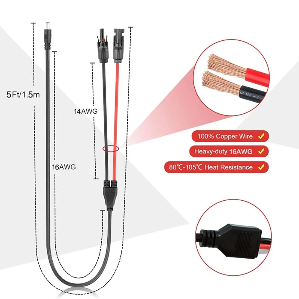 The features of the MC4 to DC5521 or DC7909 Solar Charging Cable