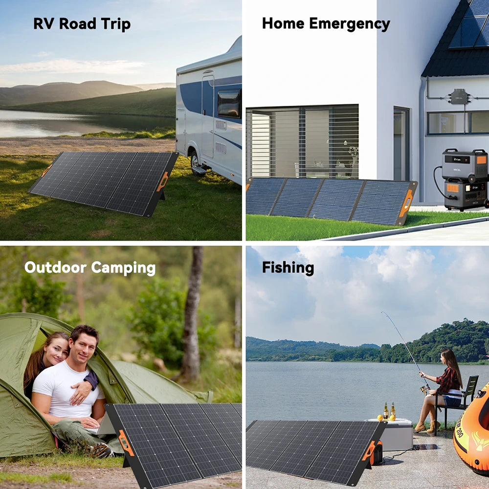 The different uses for the Oscal 400W Foldable Solar Panel while camping, RVing, or home backup.