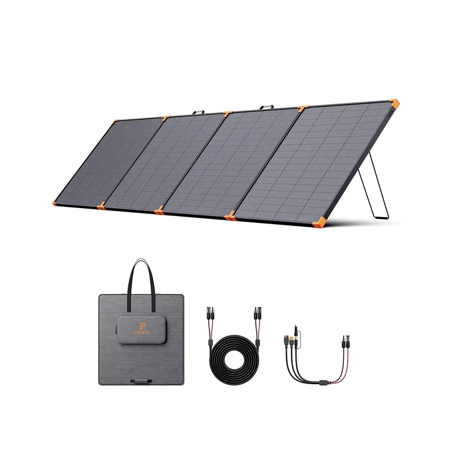 The included bag, extension cable, and adapter for the ZOUPW 50W Portable Solar Panel