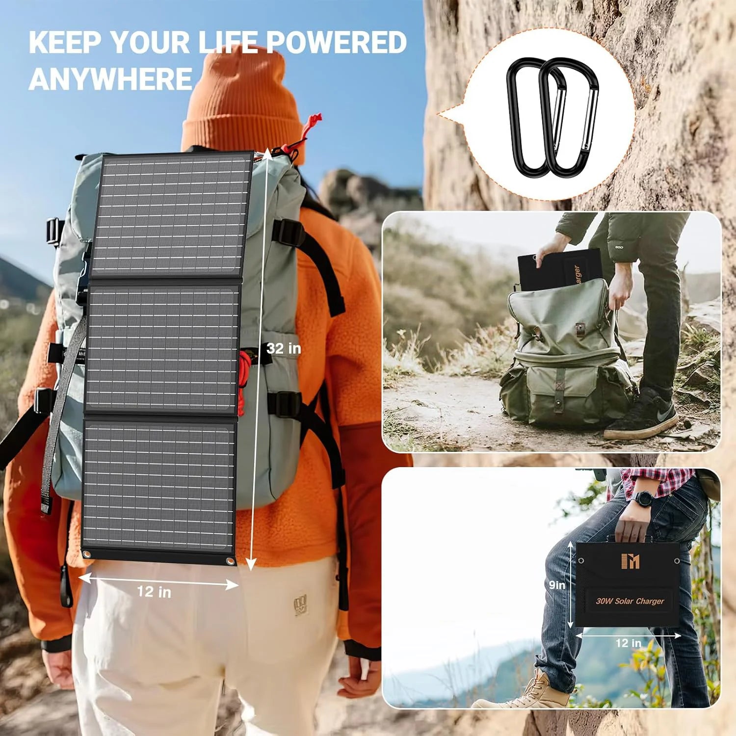 Using the 30W Portable Solar Panel while hiking or backpacking