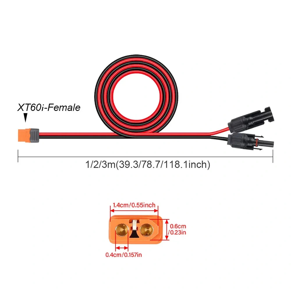 The dimensions and different lengths for the MC4 Solar to XT60i Charging Cable