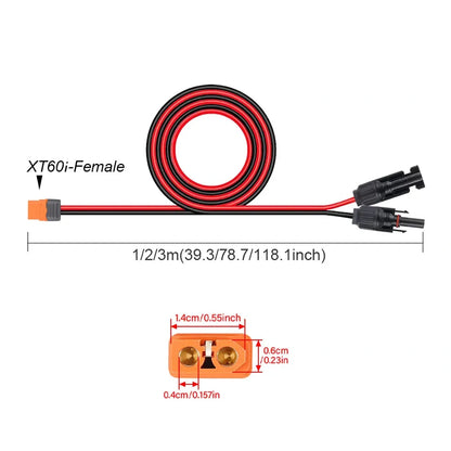 The dimensions and different lengths for the MC4 Solar to XT60i Charging Cable