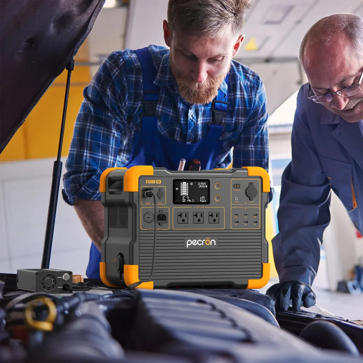 PECRON 500W DC-to-DC Car Charger in an engine bay