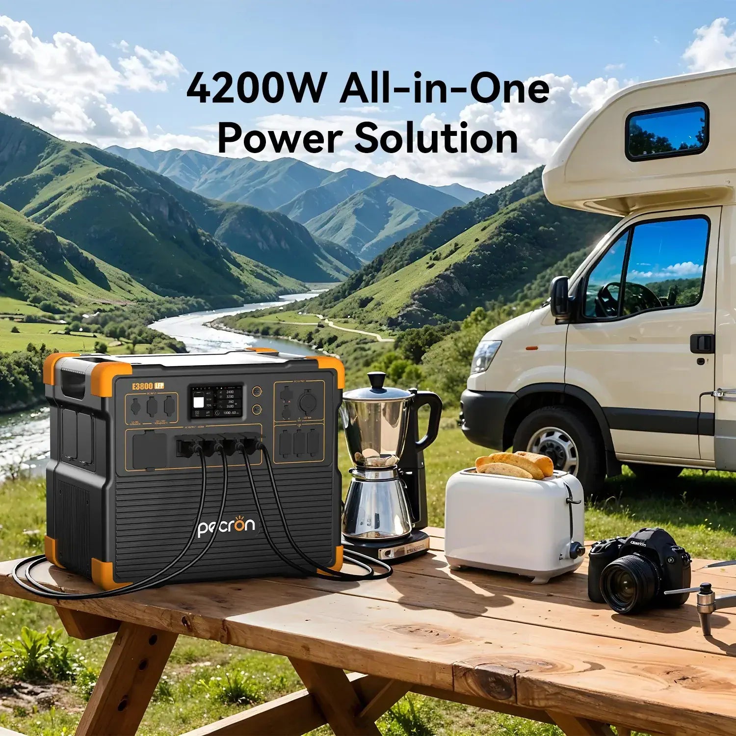 PECRON E3800LFP Power Station being used outside by an RV