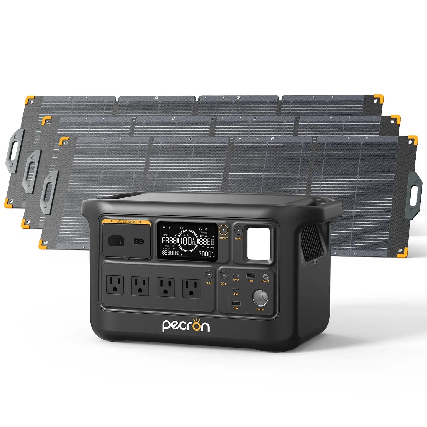 PECRON F1000LFP Portable Power Station with three solar panels