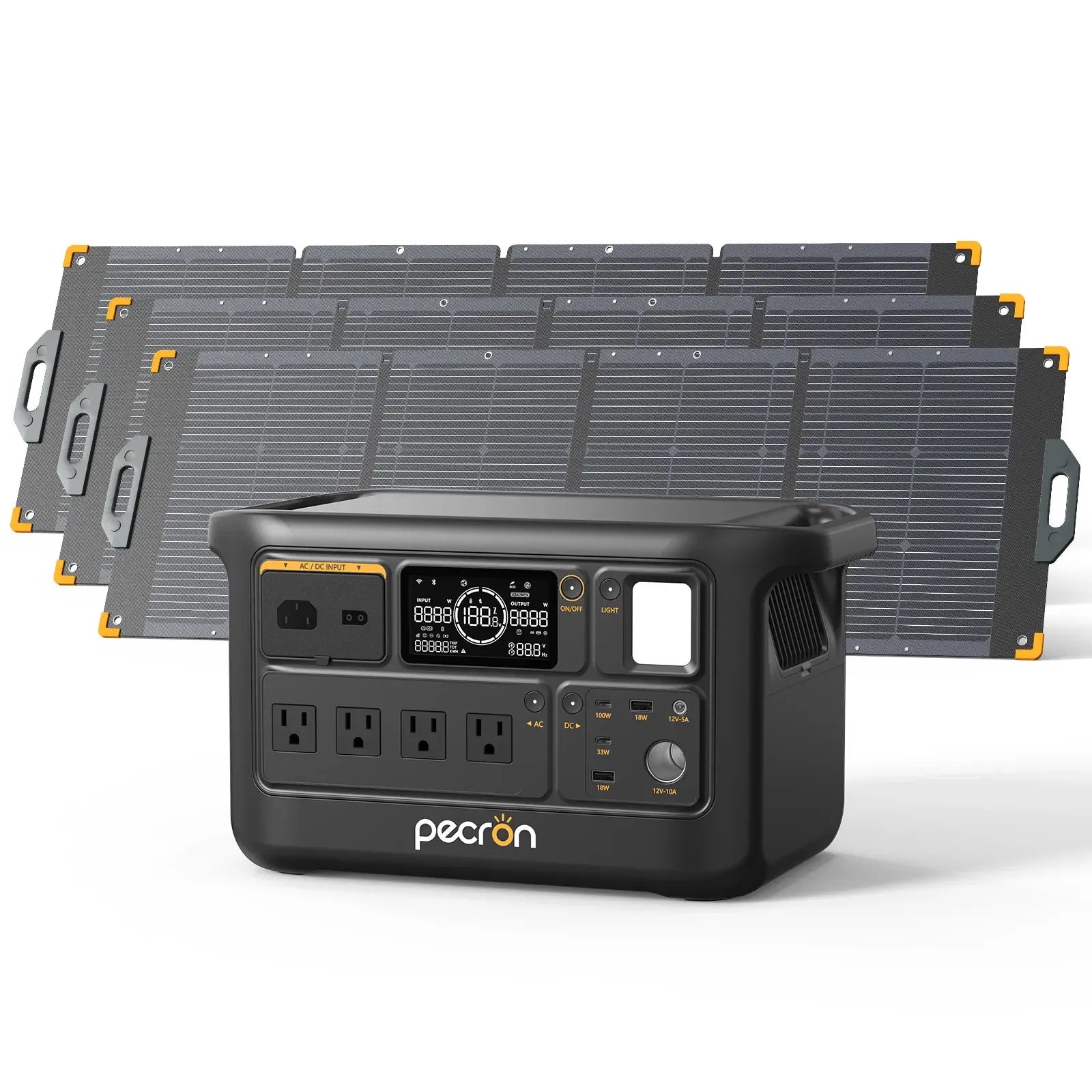 PECRON F1000LFP Portable Power Station with three solar panels