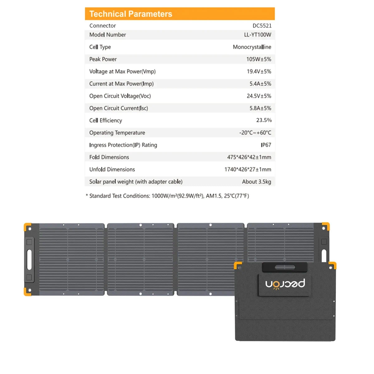 PECRON PV100 100W Portable Solar Panel specifications