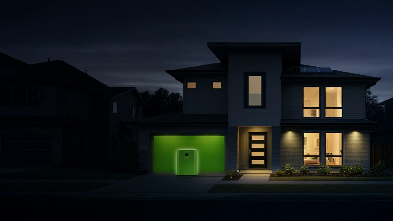 A home battery backup system powering a house during a power outage.