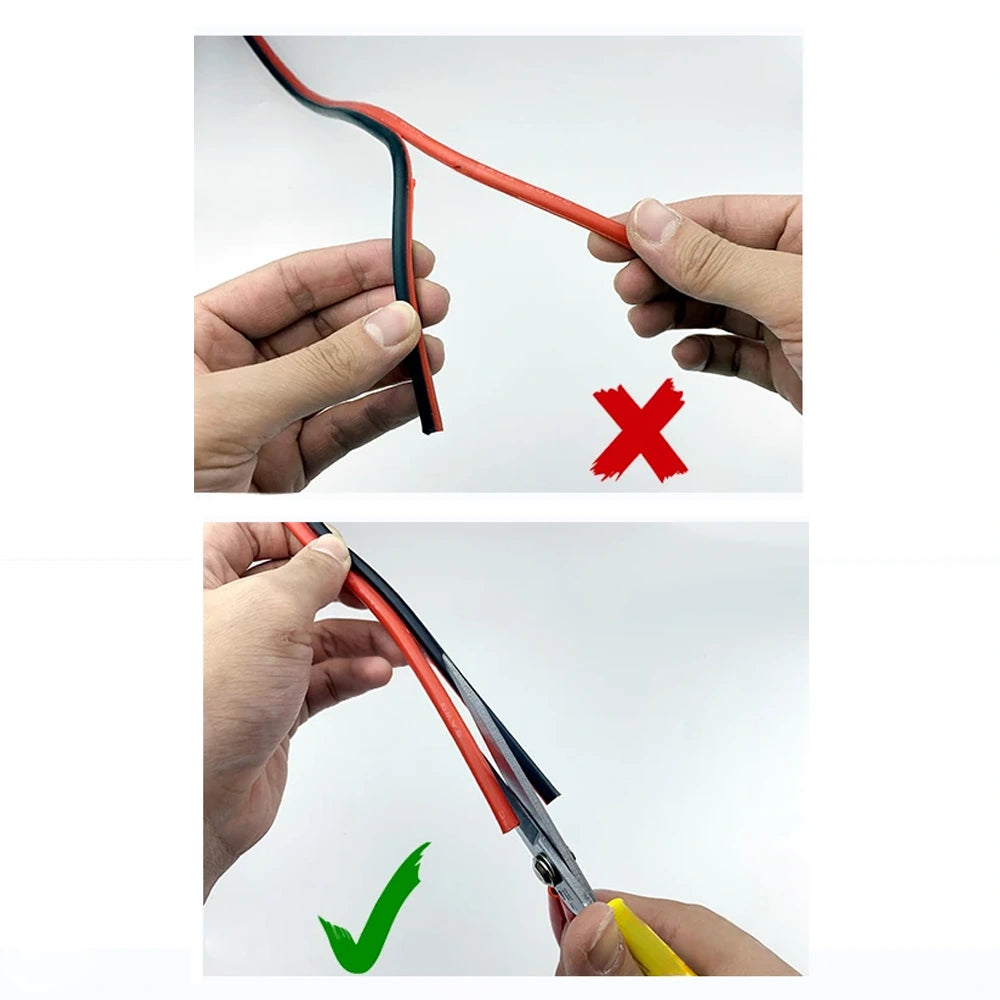 Showing the best way to separate the red and black solar cables is with scissors or a sharp knife instead of tearing them apart